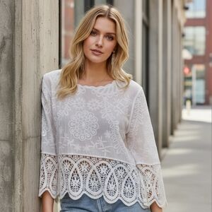 SO ME Floral Embroidered Crochet Lace Trim Top Bell Sleeve Scallop Cotton Blouse